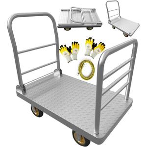 2IN1 48"24" Platform Truck Cart 2650lbs Heavy Duty Flatbed Cart Dolly w/Detachable Rear Guardrail and Swivel Casters, Push Cart, Work Gloves 2Pairs & 1 Bunge Cord Included