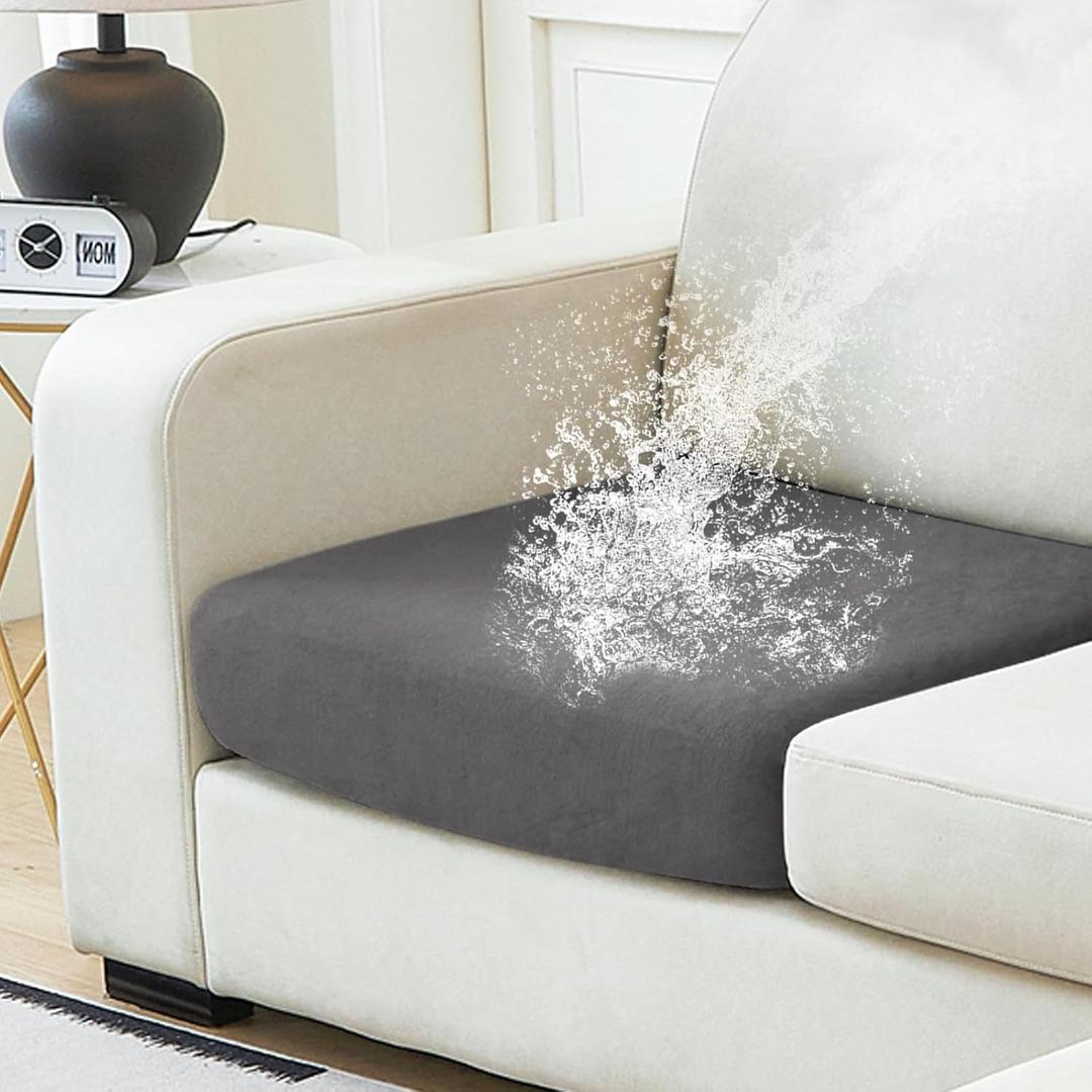 NAISI Waterproof Couch Cushion Covers Thick Velvet Fabric Washable Sofa Slipcovers 1 Piece Individual Sectional Couch Covers with Elastic Bottom(1 PC for Seat Cushion or Backrest,Grey)