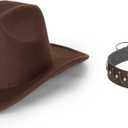 Women-Classic-Western-Cowboy-Shapeable-Hat - Men-Roll-Up-Wide-Brim-Felt-Fedora-Hats-Cowgirl-Hat with Belt Buckle(M-L) (Brown)