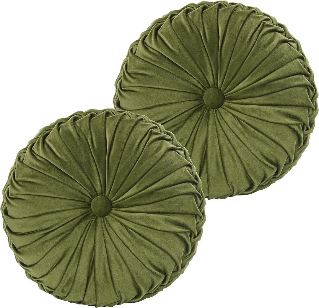 HIG Set of 2 Decorative Round Pleated Throw Pillows, Classy Accent Pumpkin Throw Pillows with Center Button, Vintage Velvet Floor Pillows for Sofa Couch Vanity Chair Bed, Olive, 14.5" Diameter(Ripple) (2 Count (Pack of 1))