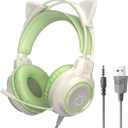 Gaming Headset with Removable Cat Ears, 3.5mm Wired Headphones with Adjustable Microphone, Extendable Padded headband, Noise Cancelling and RGB Light Headphones for Xbox/PS4/Switch/Mac/Phone (Green)