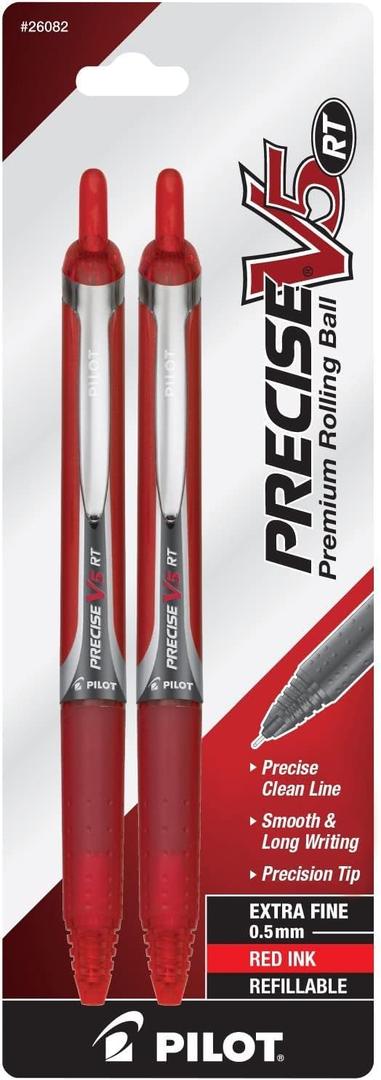 PILOT Precise V5 RT Refillable & Retractable Liquid Ink Rolling Ball Pens, Extra Fine Point (0.5mm) Red Ink, Pack of 2 (26082)