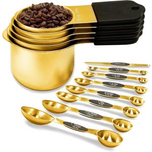 Magnetic Measuring Cups and Spoons Set, Heavy Duty 304 Stainless Steel, 5 Nesting Gold Measuring Cups and 7 Magnetic Measuring Spoons, Baking & Cooking Set of 13 with Leveler