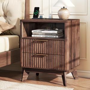 Turosur Fluted Nightstand with Charging Station & 2 Drawers, Walnut