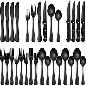 EWFEN 24-Piece Black Silverware Set with Steak Knives, Black Flatware Set for 4, Food-Grade Stainless Steel Tableware Cutlery Set, Mirror Finished Utensil Sets for Home Restaurant, Round Edge
