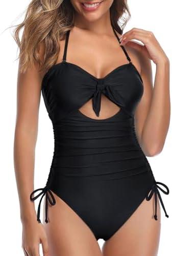 Tempt Me Women Sexy Cutout One Piece Swimsuits Tummy Control High Waisted Halter Front Tie Knot Bathing Suit XL