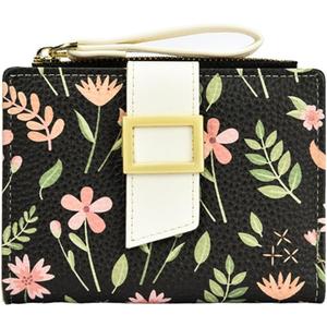 Small Soft Pocket Floral Wallet for Women, Bifold Purse with ID Window, Zipper Coin Pocket, card slots (Flower Black)