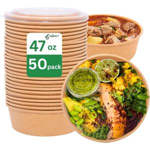 Disposable Round Paper Bowls with Lid 47oz Compostable, 50 Sets Microwave Deli Containers Leakproof, Extra Large Meal Prep Food Container Box, Sturdy Salad Dressing Bowl for Soup Toppings Picnic