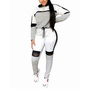 ThusFar Womens Casual Sweatsuit Two Piece Outfits Patchwork Net Color Block Pocket Hooded Top Pant Set Jogger Tracksuit Gray 3XL