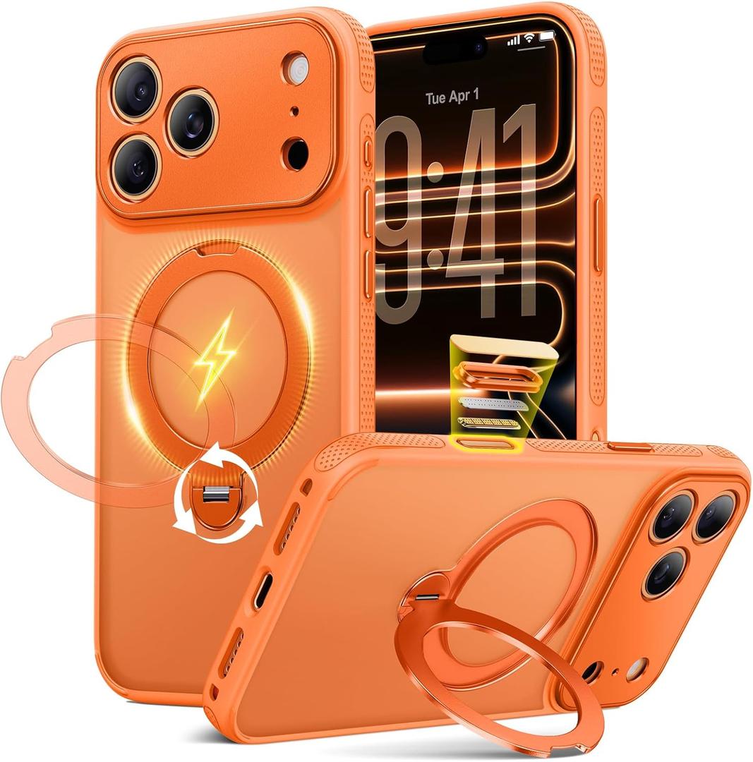 360 Spin Magnetic Stand for iPhone 17 Pro Max Case, [Anti-Slip Bumper] Fit for MagSafe, 4X Military-Grade Protection, Full Camera Protection, Slim Phone Case for iPhone 17 Pro Max 6.9",Cosmic Orange