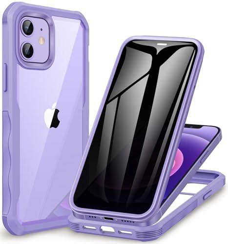 CENHUFO Privacy for iPhone 12 Case/iPhone 12 Pro Case, Full Body Phone Case with Built-in Tempered Glass Privacy Screen Protector and Camera Lens Protector, Shockproof Bumper Clear Cover -Purple