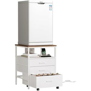 Herture Mini Fridge Stand with Storage, Ergonomic 4-Tier Organizer Mini Fridge Table with Power Outlet and Rolling Cabinet, Heavy-Duty Refrigerator Stand for Home and Office, White HB02BXW