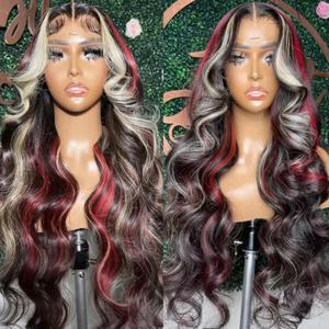 Glueless Black and Red with Blonde Highlight 13x4 HD Lace Front Body Wave Baby Hair Wigs Pre Plucked Skunk Stripe Frontal Wavy Color Naturala Hairline Wig for Women for Daily Cosplay Party Use