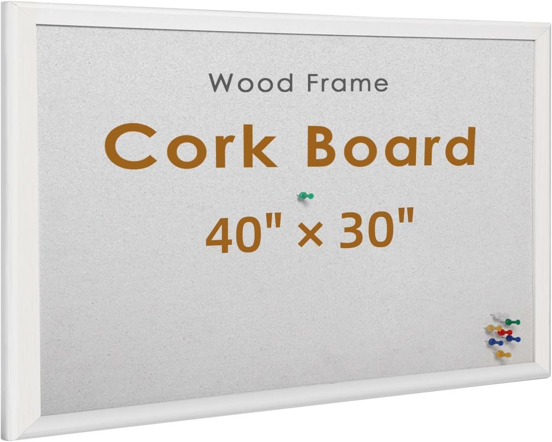 INNOVART Cork Bulletin Board with Push Pins, White Wood Frame, Notice Board for Home, Office, School, 40" x 30"