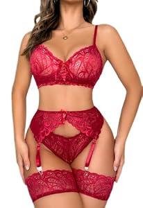 SNATROY Women's Lingerie Lace Sexy Bra and Panty Sets Two Piece Garter Lingerie Set Boudoir Outfits (Wine Red, XX-Large)