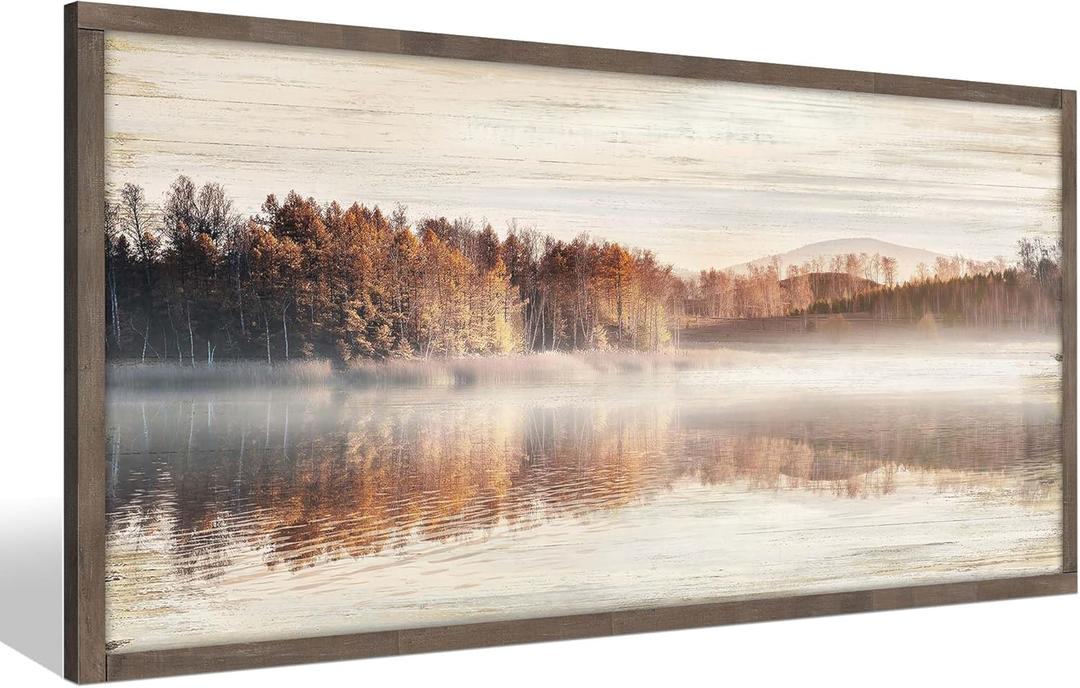 Fall Landscape Framed Wall Art: Lake Scene Wooden Picture Autumn Forest Scenic Painting Nature Scenery Prints Large Artwork for Home Office (60"L x 30"W)