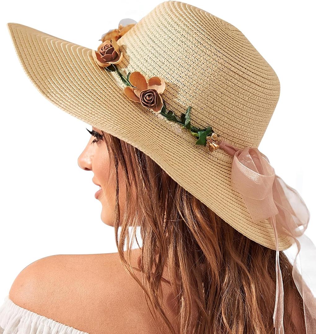 Beach Hats for Women, Wide Brim Sun Straw Hat for Women, Sun Hat UPF 50+ UV Protection