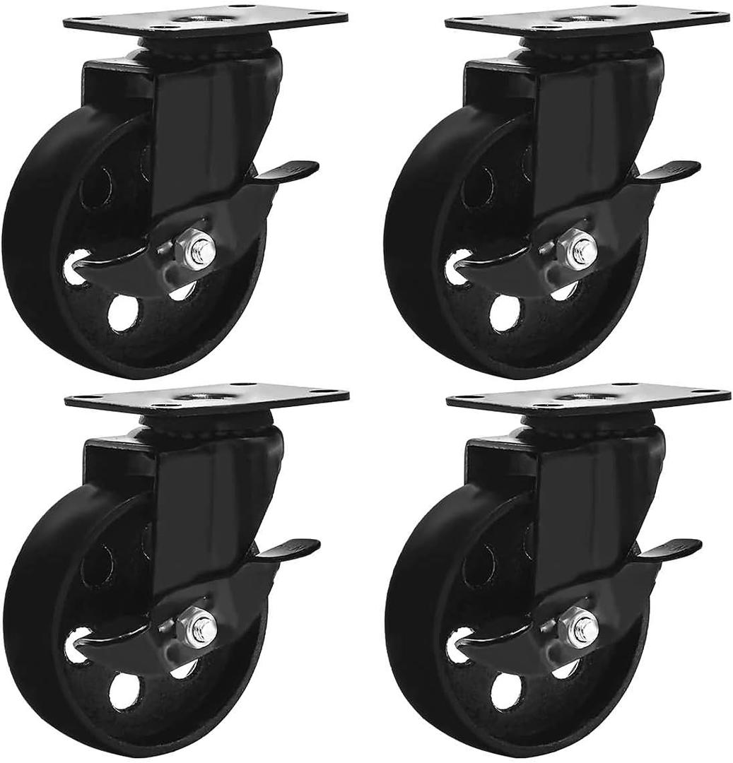 FactorDuty 4 All Black Metal Swivel Plate Caster Wheels w/Brake Lock Heavy Duty High-Gauge Steel (4" with Brake)