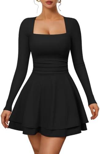 XXTAXN Women's Sexy Long Sleeve Square Neck Flowy Hem Ruched High Waist Party Mini Dress with Side Pocket, Large , Black