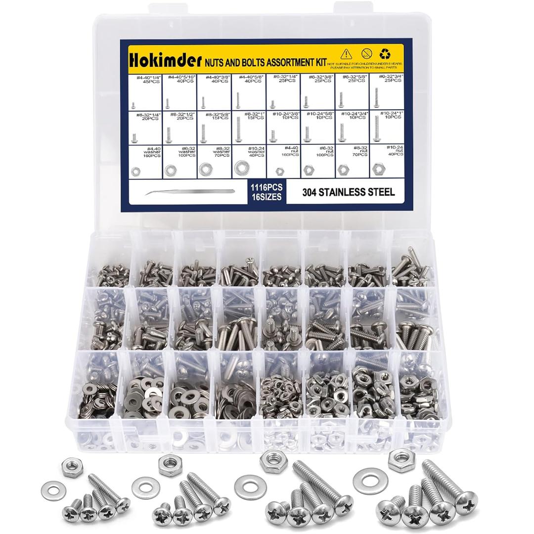 1116PCS Bolts and Nuts Kit, Stainless Steel Hardware Assortment Kit, 10-24#8-32#6-32#4-40 Nuts, Bolts, Washers, Tweezer