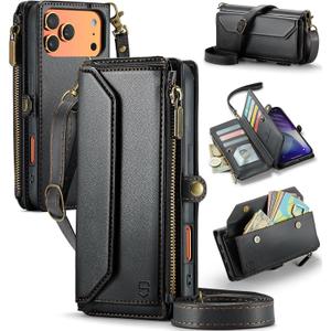 Strapurs Wallet Case Compatible with iPhone 17 Pro Max 6.9" RFID Blocking 10-Card Holder Soft PU Leather Magnetic Snap Shoulder Strap Zipper Pocket Phone Case Fit for iPhone 17 Pro Max - Black