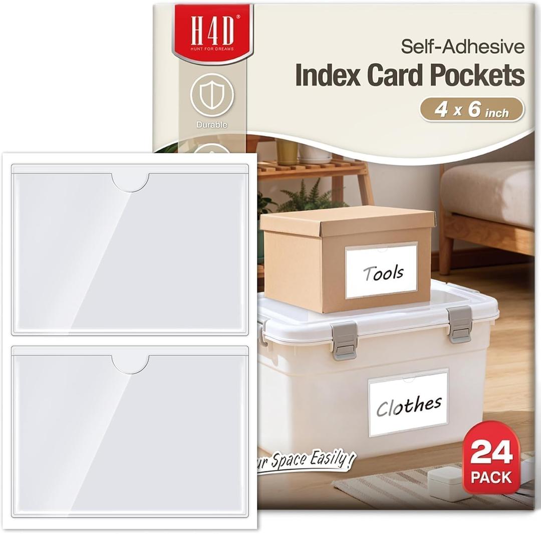 H4D 24 Pack Labels for Storage Bins, 4" x 6" Plastic Clear Adhesive Index Card Holders, Tote Label Pockets for Organizing Storage, Library Card, Shelves