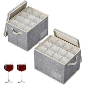 Lifewit 2 Pcs Glass Storage Box with Dividers, Stackable Cationic Hard Shell Stemware Containers with 24 Cells, Foldable Dustproof China Containers for Moving, Light Grey, 37 x28x27cm