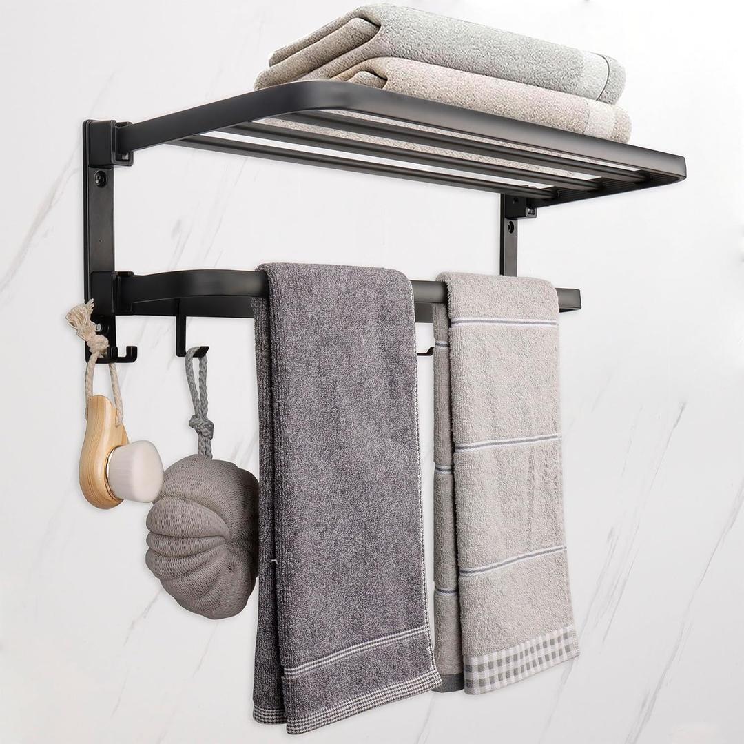 TocTen Towel Rack for Bathroom, Foldable Towel Holder with Double Towel Bars and 7 Hooks, SUS304 Stainless Steel Wall Mounted Bathroom Tower Shelf, Towel Hanger for Bathroom, Lavatory (Black, 24 in)