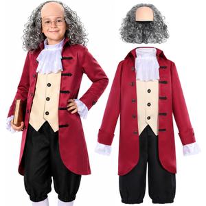 Gorkonpy Benjamin Franklin Costume Kids Boys Colonial Founding Father Ben Franklin Costume Kids (5-7 Years, Dark Red) Medium