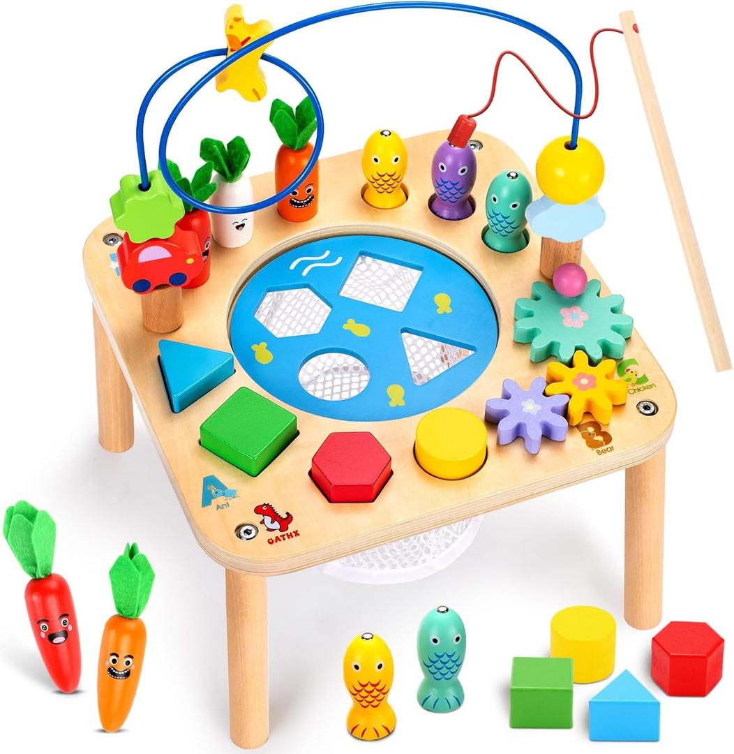 oathx Activity Table for 1 Year Old, 6 in 1 Wooden Montessori Activity Center with Bead Maze Shape Sorter Fishing Game, Kids Sensory Play Table Toddler Toys 1st Birthday Gifts Boy Girl