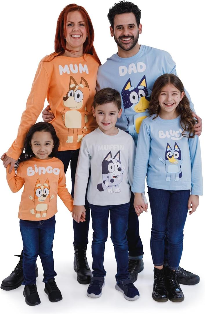 Bluey Bingo Chilli Mom Bandit Dad Long Sleeve Matching Family T-Shirt Toddler to Adult (X-Large)