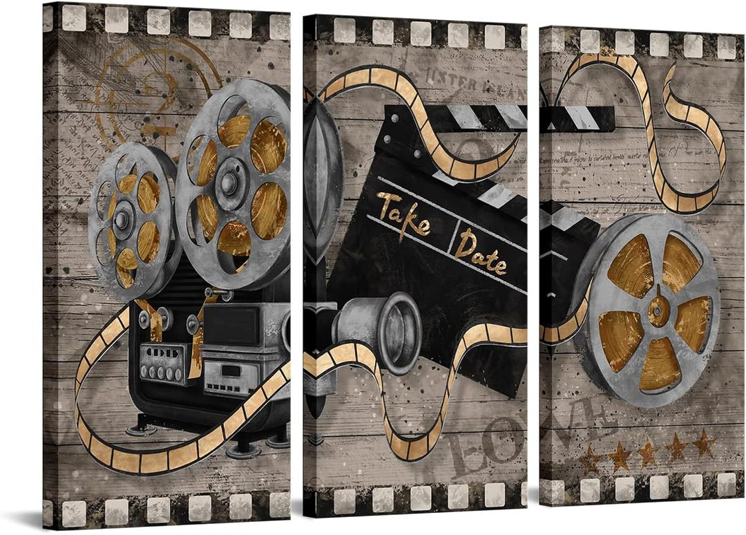 RnnJoile Movie Theater Wall Decor Rustic 3 Pieces Projector Film Clapper Reels Painting for Vintage Home Farmhouse Movie Room Bedroom Wall Decor Ready to Hang