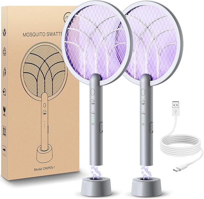 Mosiller Electric Fly Swatter Racket, 4000V Bug Zapper with 1800mah Rechargeable Battery & Dual Modes, 2 in 1 Purple Mosquito Light Killer with 3Layer Safety Mesh for Indoor Home Patio Camp(1 Pack)