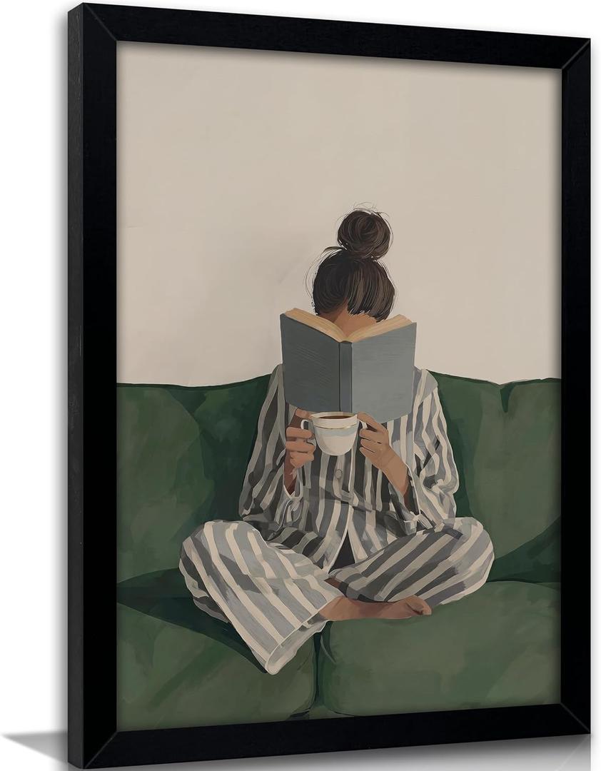 Framed Trendy Women Reading Book Wall Art Quiet Moment on The Sofa Art Prints Green Striped Painting Picture Modern Women's Minimalist Pictures Artwork for Living Room Bedroom Home office Wall Decor, 16"L x 12"W