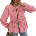 PRETTYGARDEN Women's Spring Fall Babydoll Peplum Blouse Shirt Puff Long Sleeve Bow Tie Front Trendy Cute Y2K Going Out Tops