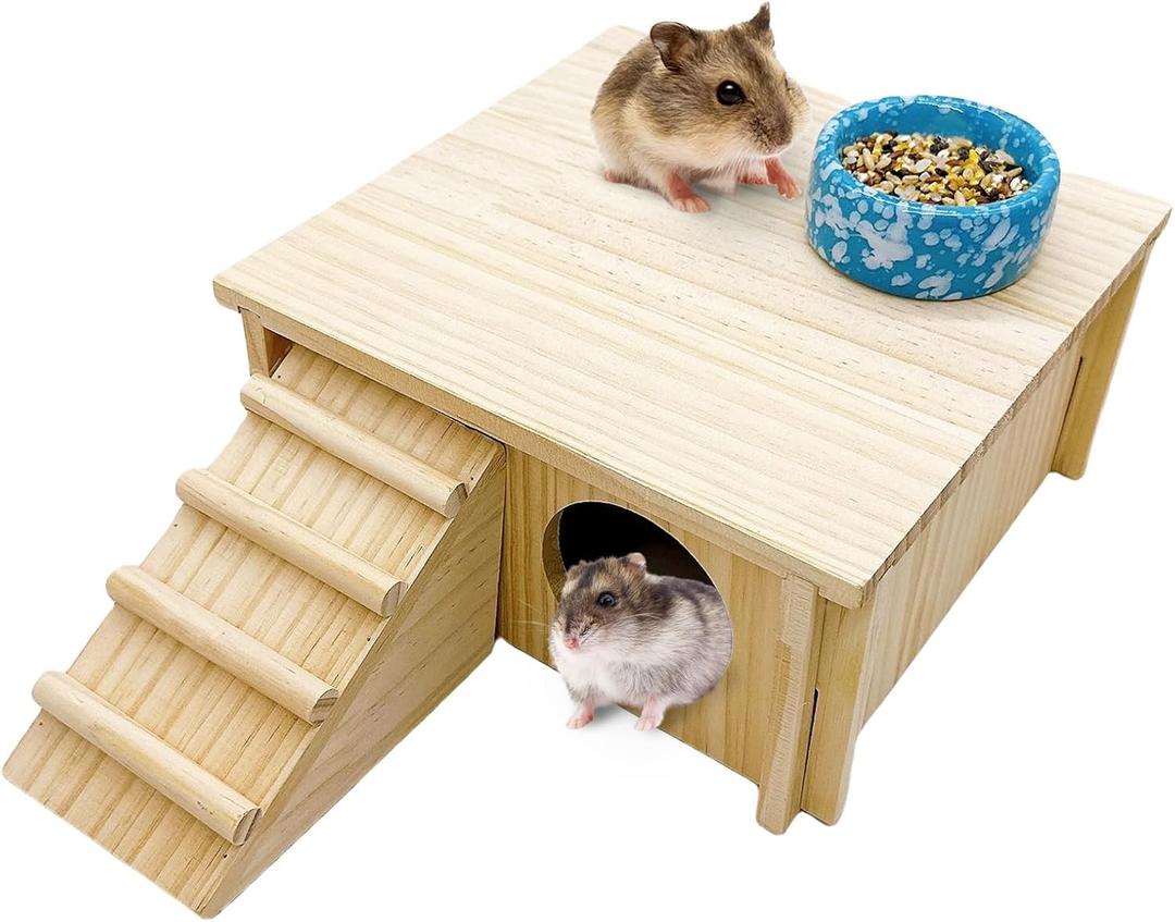 Acsist Wooden Hamster Hideout Gerbil House with Climbing Ladder and Window Habitats Decor Detachable Syrian Hamster Cage Accessories for Rat Gerbils and Other Small Pets