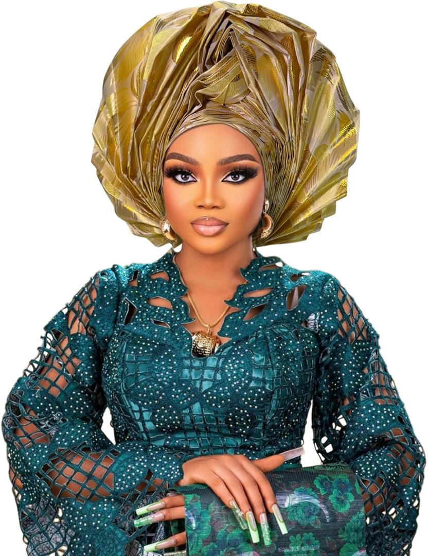 Nigerian Women's hat Folding Fan African Headscarf hat,Auto Gel Headwear, Suitable for Weddings, Parties, Special (Golden)