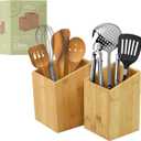 IMPRESA [2 Pack] Bamboo Utensil Holder for Clutter-Free Kitchen  Stylish Kitchen Utensil Crock for Elegant Display and Storage Wooden Utensil Holder Set for Countertop  Bamboo Kitchen Accessories