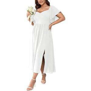 SCOMCHIC Women Plus Size Dresses Short Sleeve Sweetheart Neckline Wedding Guest Cocktail Smocked A Line Slit Maxi Dress 2XL