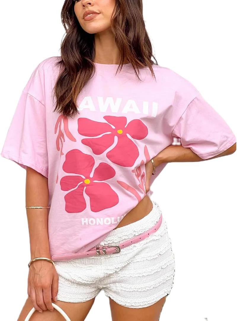 Oversized Graphic Shirt for Teens Girl Y2K Ocean Floral Short Sleeve Baggy Tee Shirts Vintage Aesthetic Coastal Tops (Medium, Pink Flower)