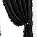 Treatmentex Pompom Black Velvet Curtains for Bedroom Windows 84" Long Decorative Room Darkening Curtains for Living Room 54" x 44" x 2Panels