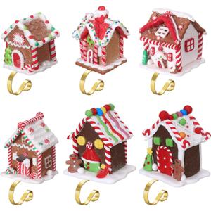Hotop 6 Set of Christmas Gingerbread House Stocking Holder Christmas Stocking Holder Stand for Mantle Include 6 Christmas Hanging Ornaments and 6 Christmas Stocking Holders for Xmas