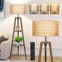 OUTON Boho Rattan Tripod Floor Lamp with Shelves, Dimmable Mid Century Modern Standing Lamp with Remote Control,Wood Tall Floor Lamps for Living Room Bedroom Office Farmhouse Bulb Included, Walnut