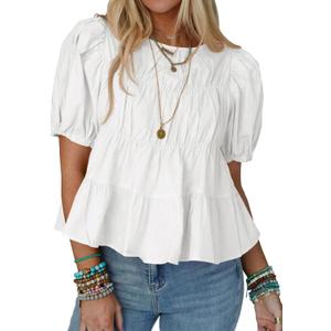 Tankaneo Womens Puff Sleeve Peplum Babydoll Tops Summer Smoked Pleated Cotton T-Shirts Casual Loose Fit Flowy Blouse (XX-Large)