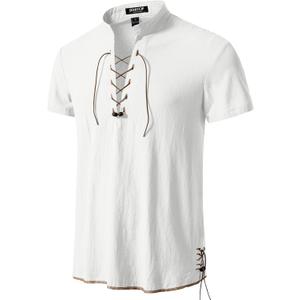 JEMITOP Men's Pure Cotton Vintage Short Sleeve Lace Up Shirts for Renaissance Pirate Viking Medieval Costume (3X-Large, Ivory White)