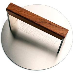 Smash Burger Press 8 Inch, 3.1 Lb Burger Smasher, Heatable for Searing Panini, Steak, Chicken, Salmon, Stainless Steel Bacon Press, Flat Bottom, Seasoning Free, Wooden Handle No Spin