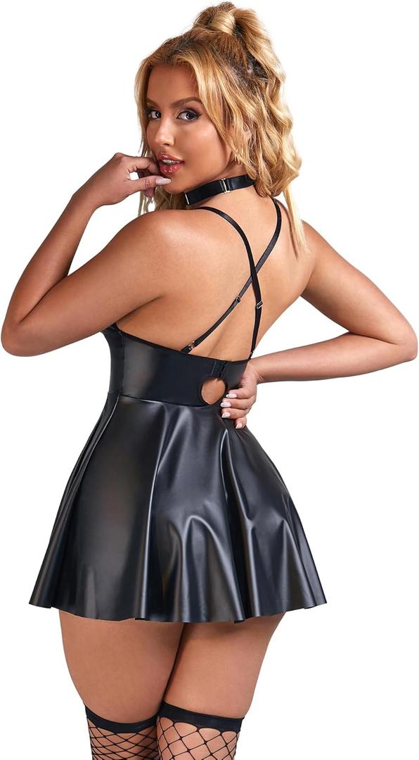 ohmydear Womens PU Leather Lingerie Dress Deep V-Neck Sexy Bodycon Dress Spaghetti Strap Backless Dress Clubwear (Black,Size 
 XL

)