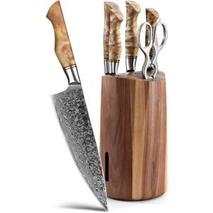 HEZHEN 7PCS Kitchen Knives Set - Professional Forging Damascus High Carbon Steel Chef Knife, Santoku, Bread, Utility, Fruit Knives & Multifunctional Kitchen Scissors - 6Slot Black Walnut Block