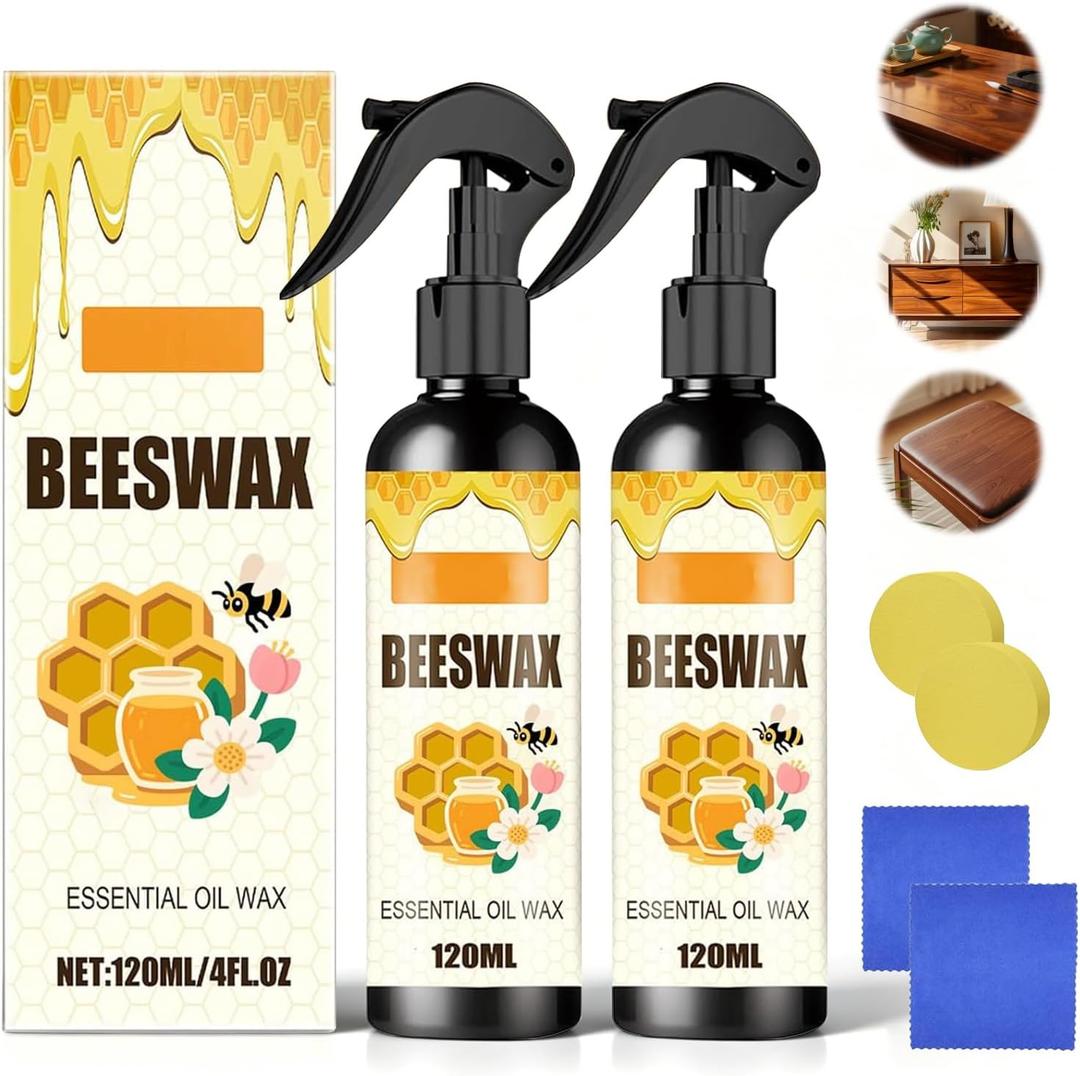 Beeswax Wood Polish Spray Natural Bees Wax Furniture Polish and Cleaner,Non-Greasy Wood Restorer for Hardwood Floor, Kitchen Cabinet,Table,Chair,Door,Protective Shine for All Wood Surface(2Pack