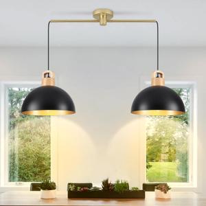 2-Light Black Pendant Light, Solid Wood Hanging Lamp with 11.8 Metal Shade, Farmhouse Pendant Light Fixtures for Kitchen Island, Dining Room, Bedroom, Office, Modern Black & Gold